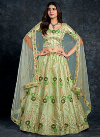 Beautiful Pista Green Multi Embroidery Silk Wedding Lehenga Choli1273