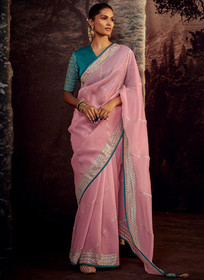 Beautiful Pink And Blue Embroidered Organza Silk Saree1317