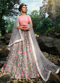 Beautiful Pale Grey And Pink Floral Designer Embroidery Wedding Lehenga Choli1338