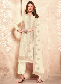 Beautiful Off White Chikankari Embroidered Pant Style Suit1340