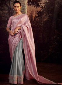 Beautiful Pink And Ice Blue Embroidered Organza Silk Saree1365