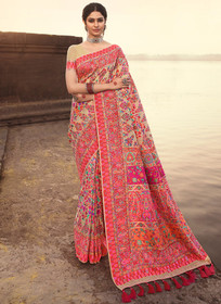 Beautiful Pink Multi Traditional Motifs Detailed Banarasi Kora Silk Saree1370