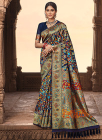 Beautiful Navy Blue Multi Traditional Motifs Banarasi Kora Silk Saree1375