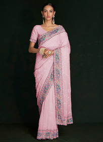Beautiful Pink Multi Embroidery Lucknowi Saree1379