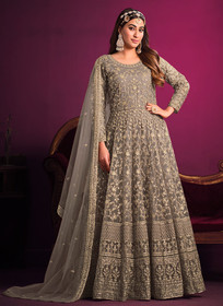 Beautiful Grey Golden Embroidery Festive Anarkali Suit1402
