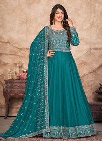 Beautiful Turquoise Sequence Embroidered Silk Anarkali Suit1407