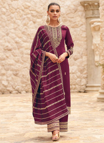 Beautiful Deep Wine Traditional Embroidery Palazzo Style Suit1413