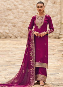 Beautiful Magenta Pink Traditional Embroidery Palazzo Style Suit1416