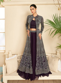 Beautiful Deep Purple Crystal Stone Embroidery Lehenga Choli And Jacket1427