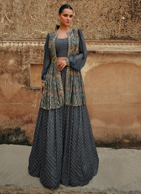 Beautiful Deep Grey Jacket Style Lehenga1437