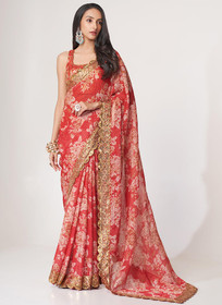 Beautiful Red Floral Print And Sequence Embroidery Organza Saree1442