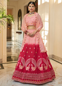 Beautiful Red And Pink Multi Embroidery Ombr Silk Lehenga Choli1462