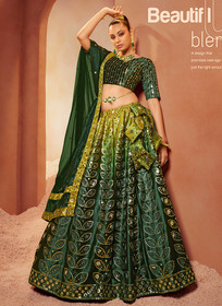 Beautiful Green Mirror Work Embroidery Shaded Velvet Lehenga Choli1534