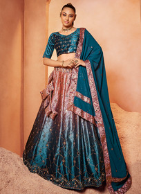 Beautiful Turquoise Mirror Work Embroidery Shaded Velvet Lehenga Choli1535