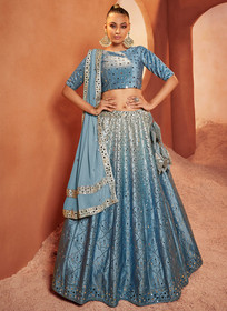 Beautiful Blue Mirror Work Embroidery Shaded Velvet Lehenga Choli1537