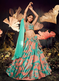 Beautiful Turquoise Peach Mirror Work Embroidery Lehenga Choli1538