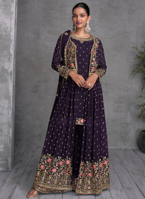 Beautiful Deep Purple Multi Embroidered Jacket Style Gharara Suit1542