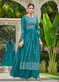 Beautiful Turquoise Sequence Embroidery Festive Palazzo Suit1555