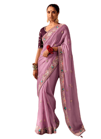 Beautiful Purple Two Tone Multi Embroidery Wedding Silk Saree2322