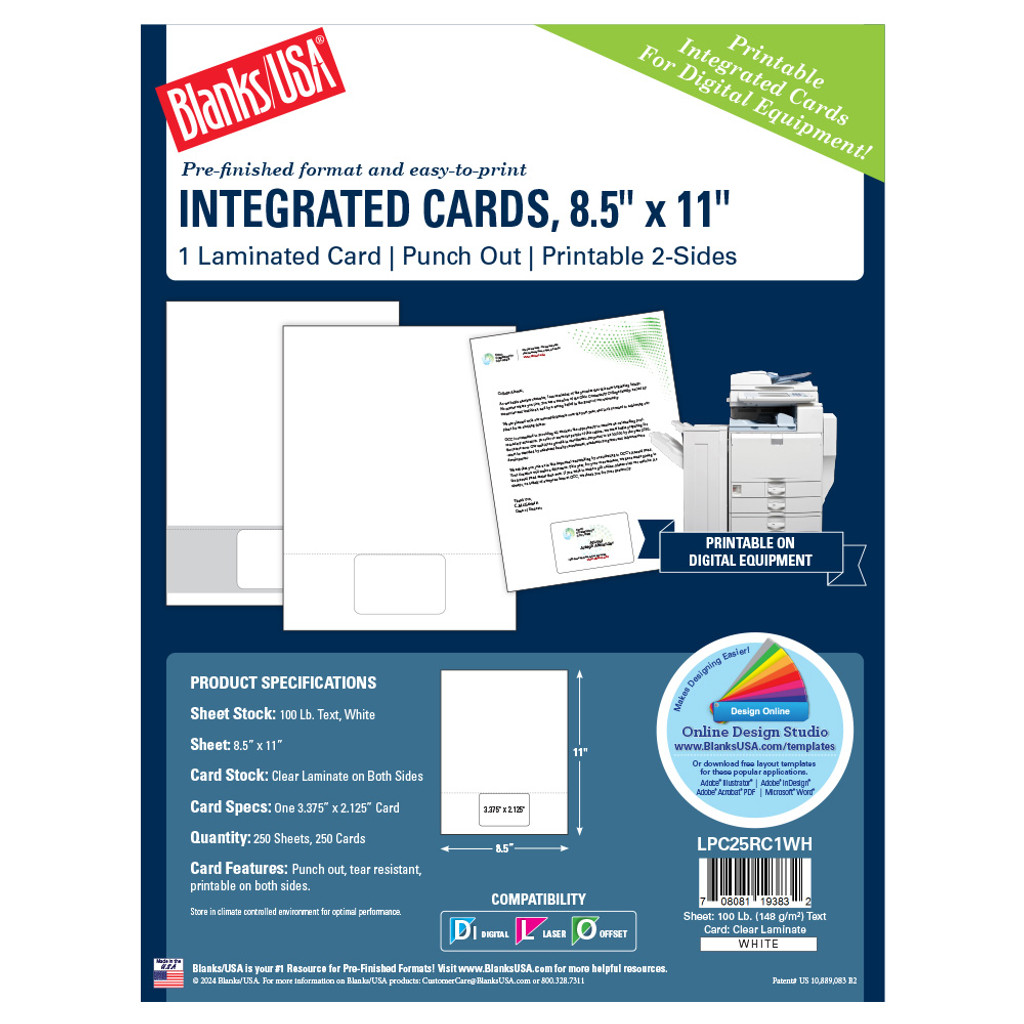 Integrated Card Sheet | Laminated Punch Out Card | 1 Card/Sheet | 8.5" x 11" Sheet