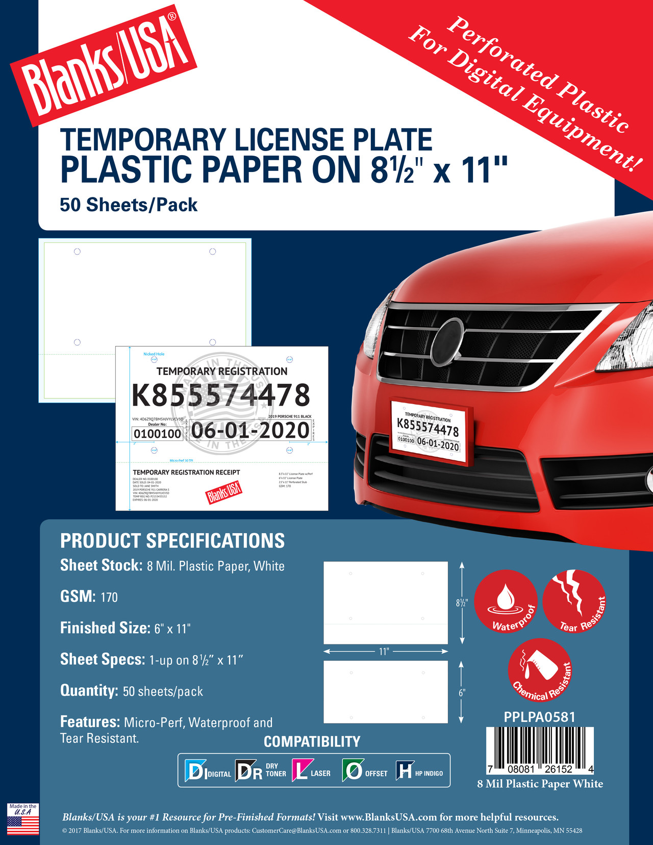 Plastic Paper™ Temporary License Plate PPLPA Blanks/USA