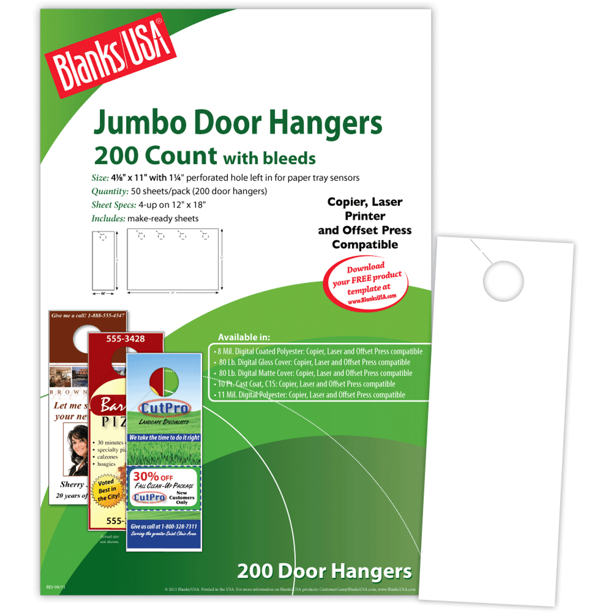 Blanks/USA® 4 1/4 x 11 80 lbs. Digital Gloss Cover Door Hanger, White, 50/Pack