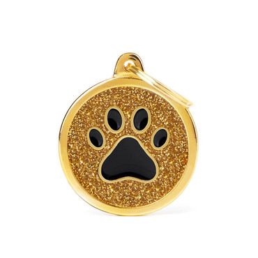 MyFamily Large Gold Glitter Circle and Black Paw Pet ID Tag Diamond Engraved
