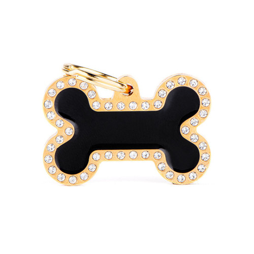 MyFamily Big Black Glam Gold Bone Pet ID Tag Diamond Engraved