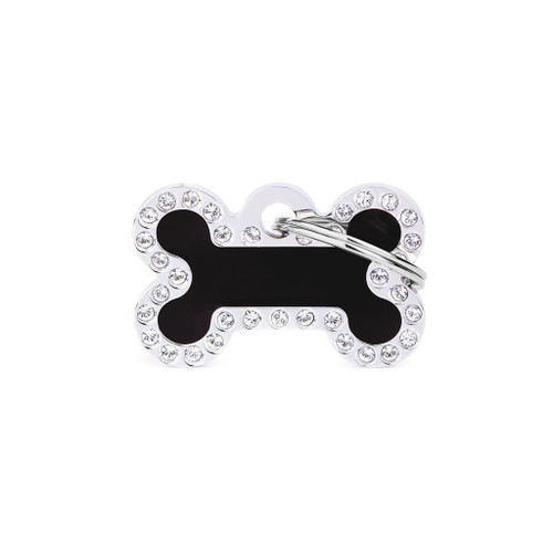 MyFamily Small Black Chrome Glam Bone Pet ID Tag Diamond Engraved