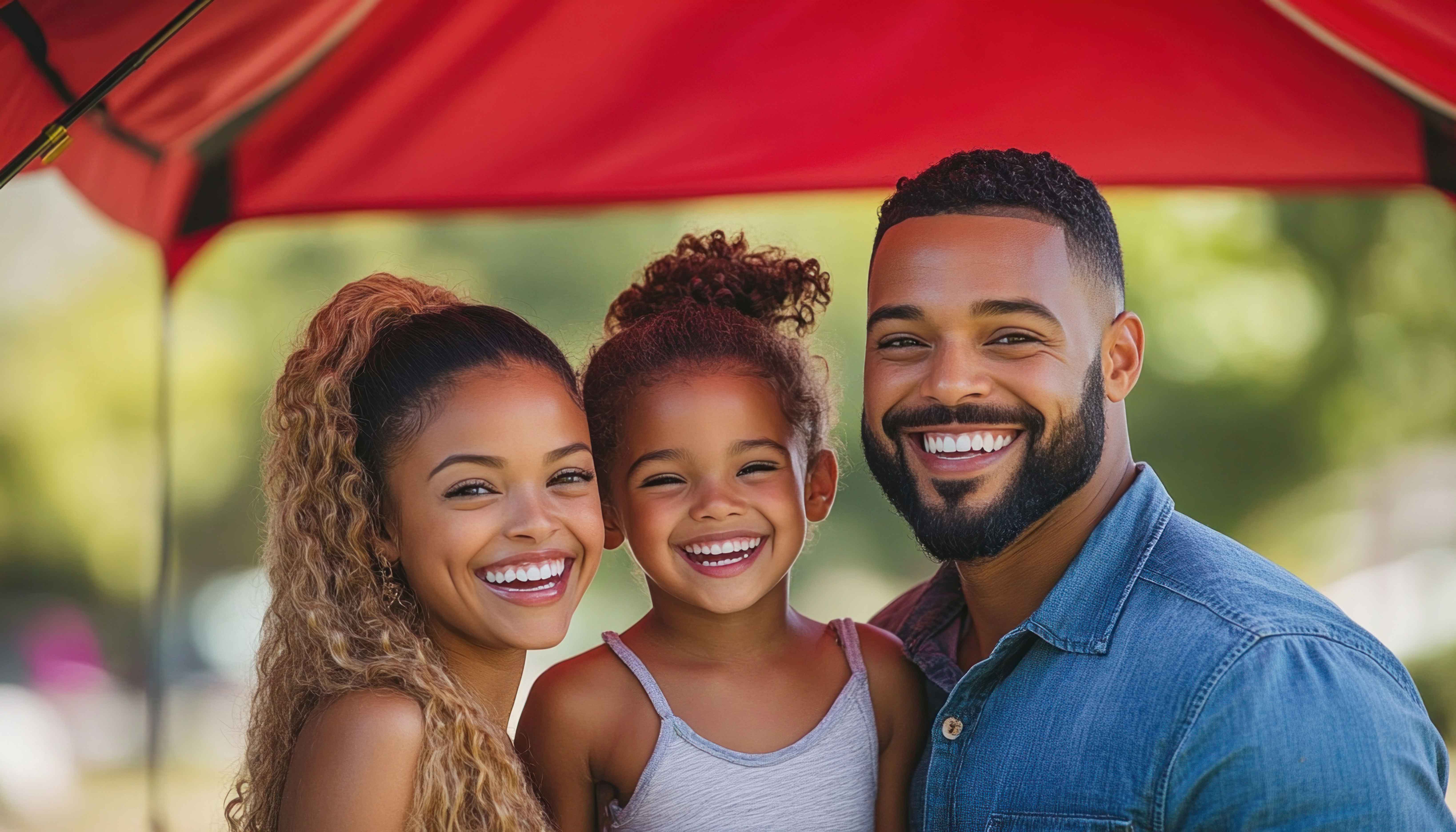 Mother, child, and father with beautiful smiles and healthy teeth