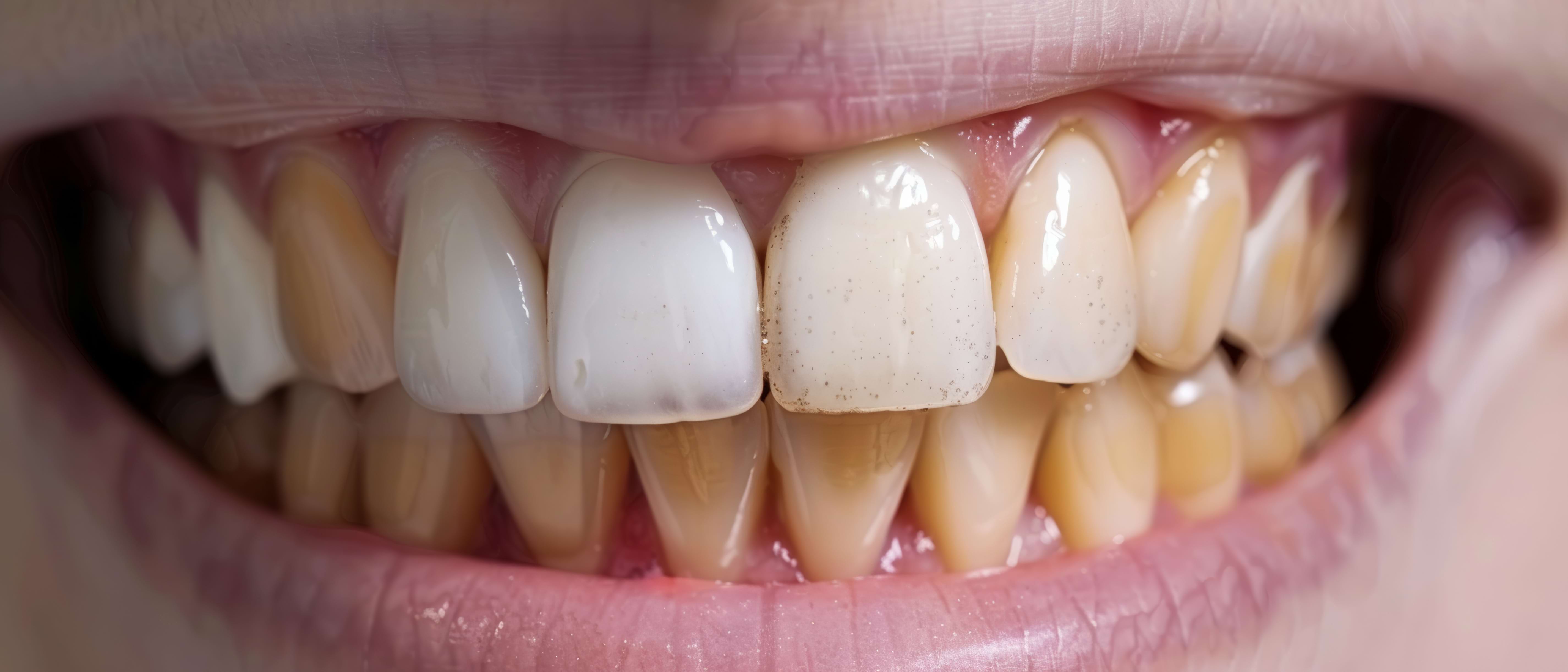 Close-up of someone’s mouth showing various tooth stains