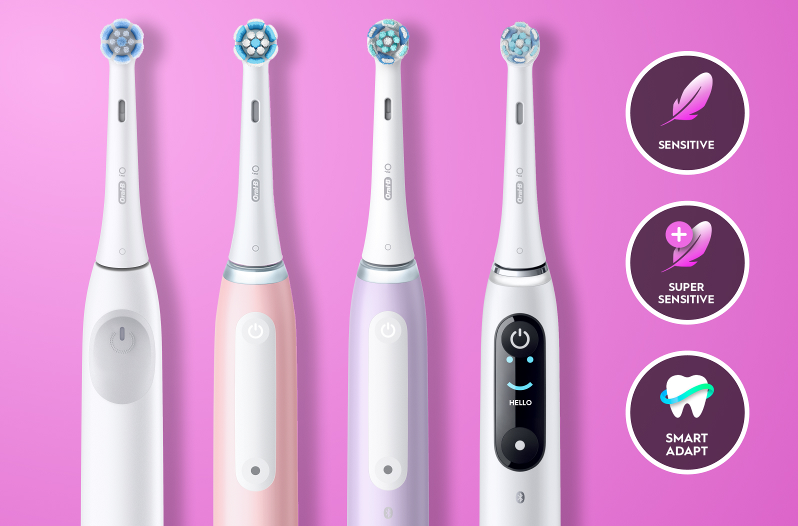 Four Oral-B iO toothbrushes in white, pink, and lavender beside icons for Sensitive, Super Sensitive, and Smart Adapt cleaning modes.