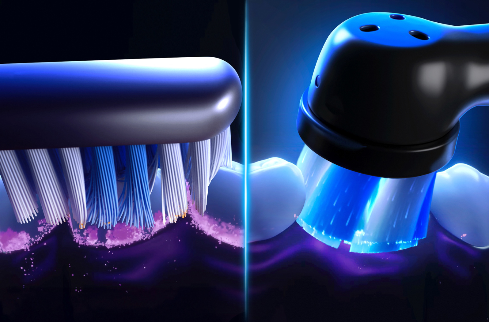 Side-by-side demo of manual toothbrush being vs an Oral-B iO electric toothbrush
