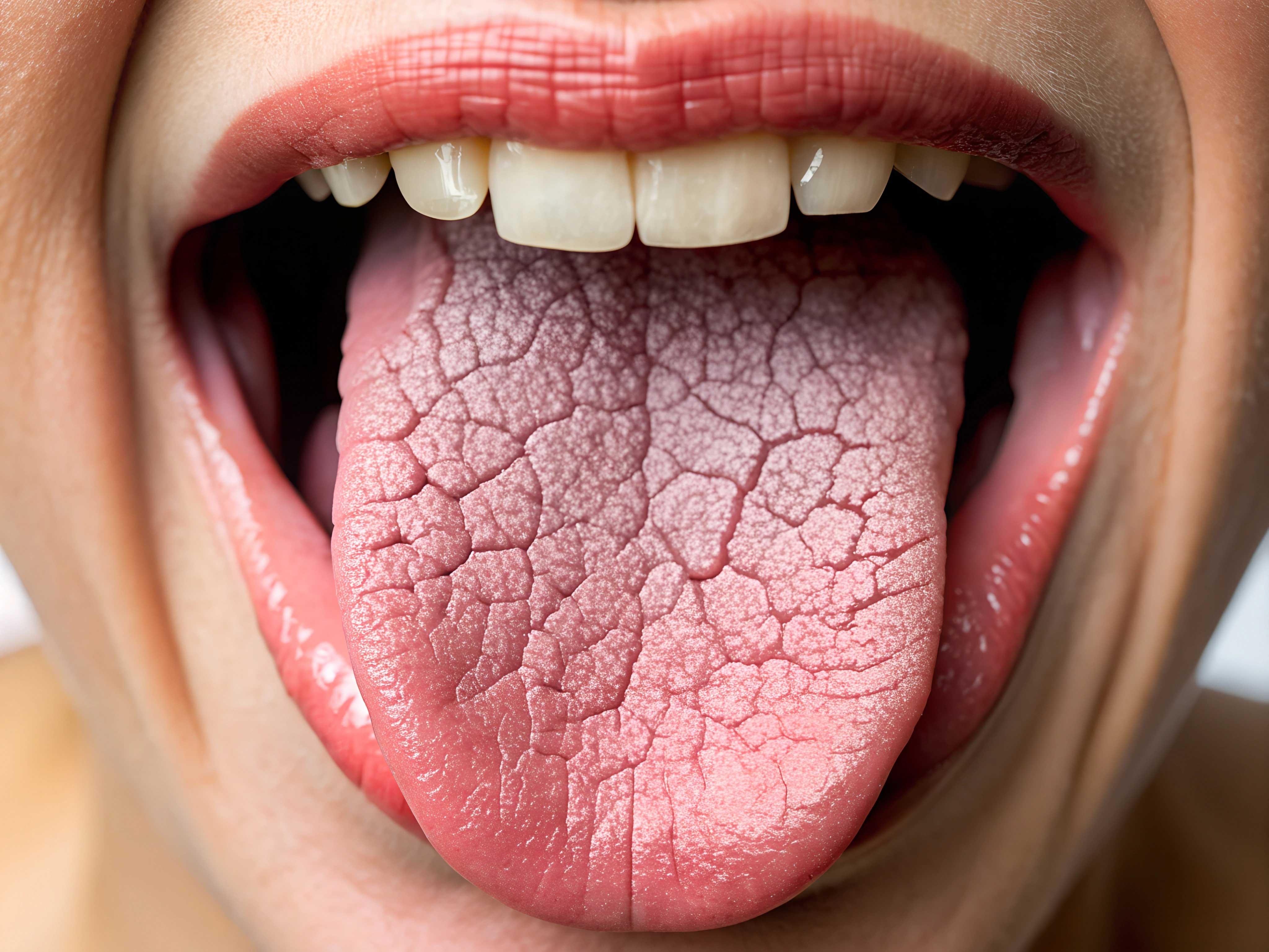 Close-up of a dry, cracked tongue