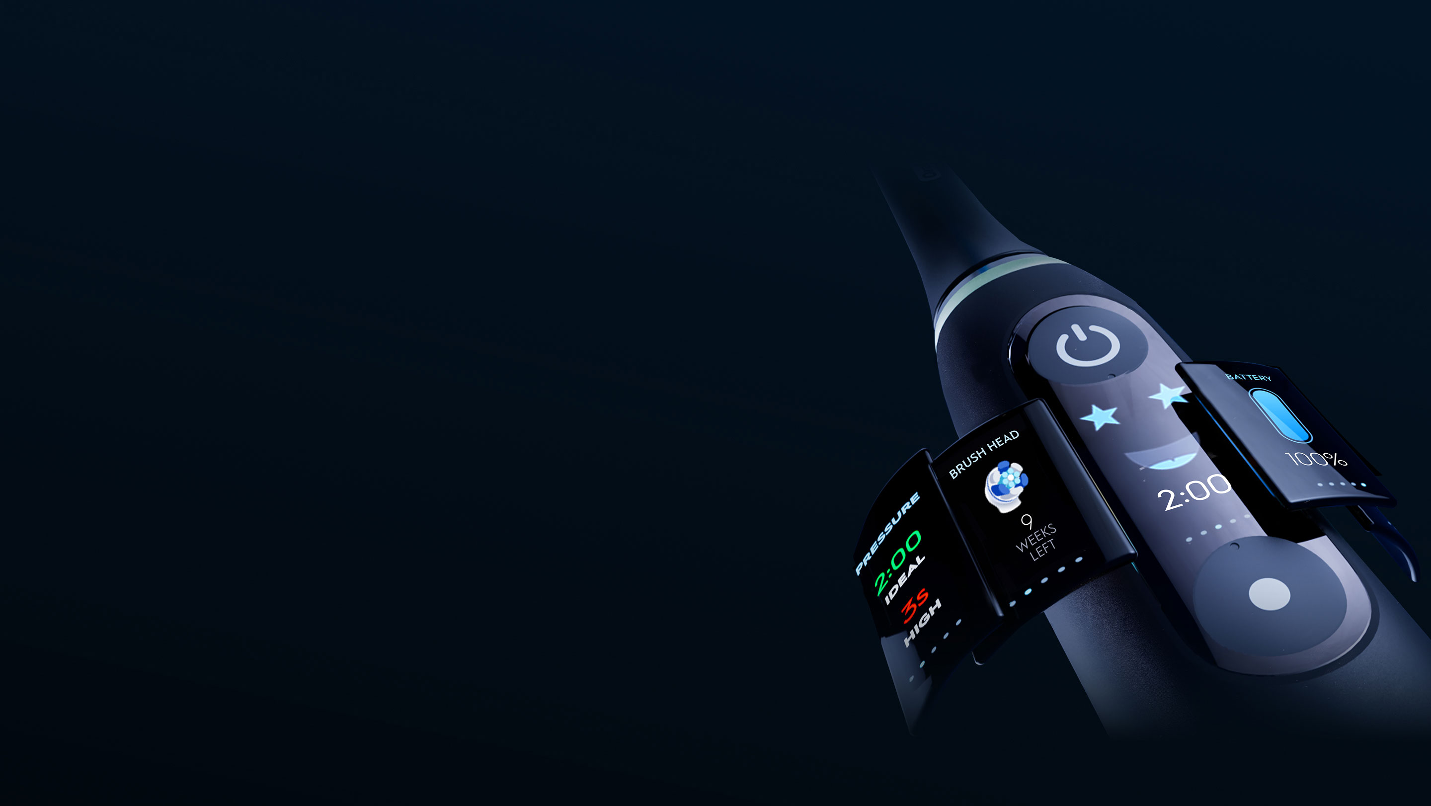 Close-up of iO brush interactive display, showing its features