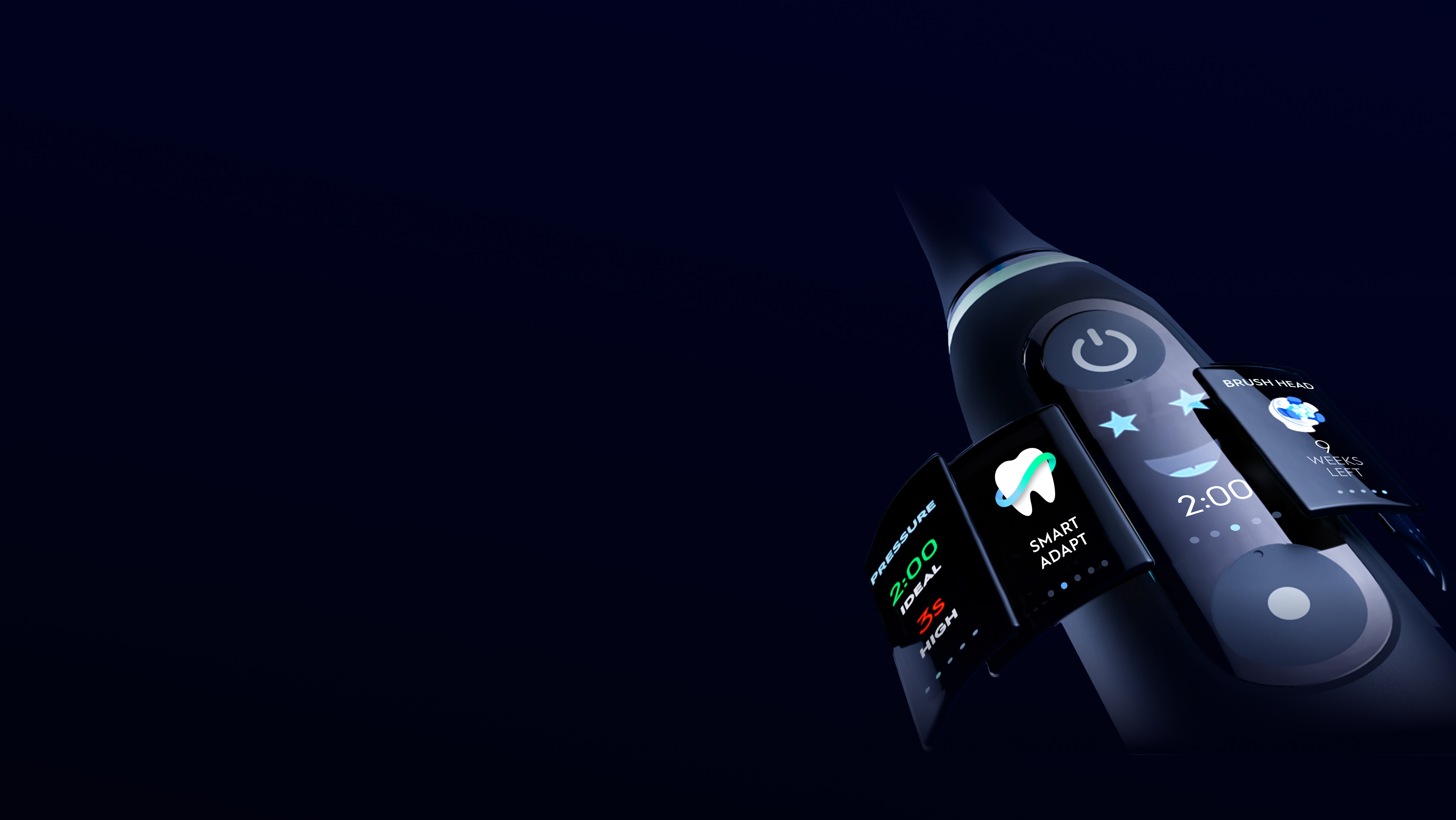 Close-up of iO brush interactive display, showing its features