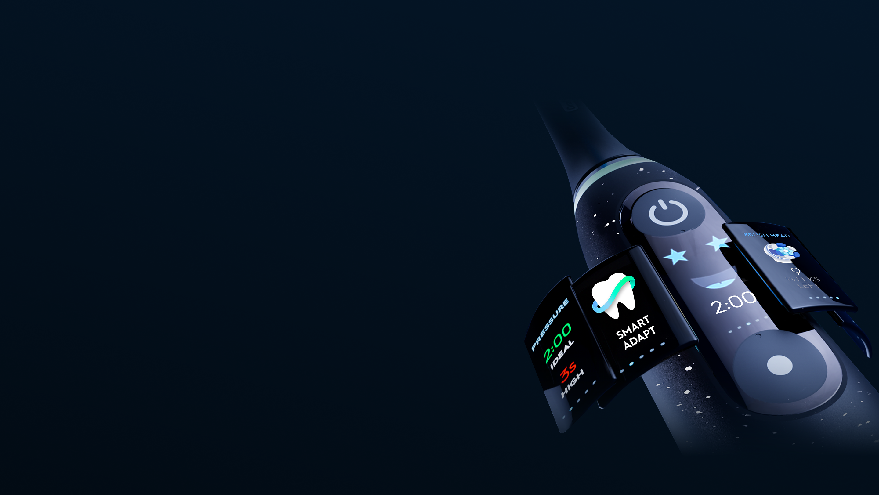 Close-up of iO brush interactive display, showing its features