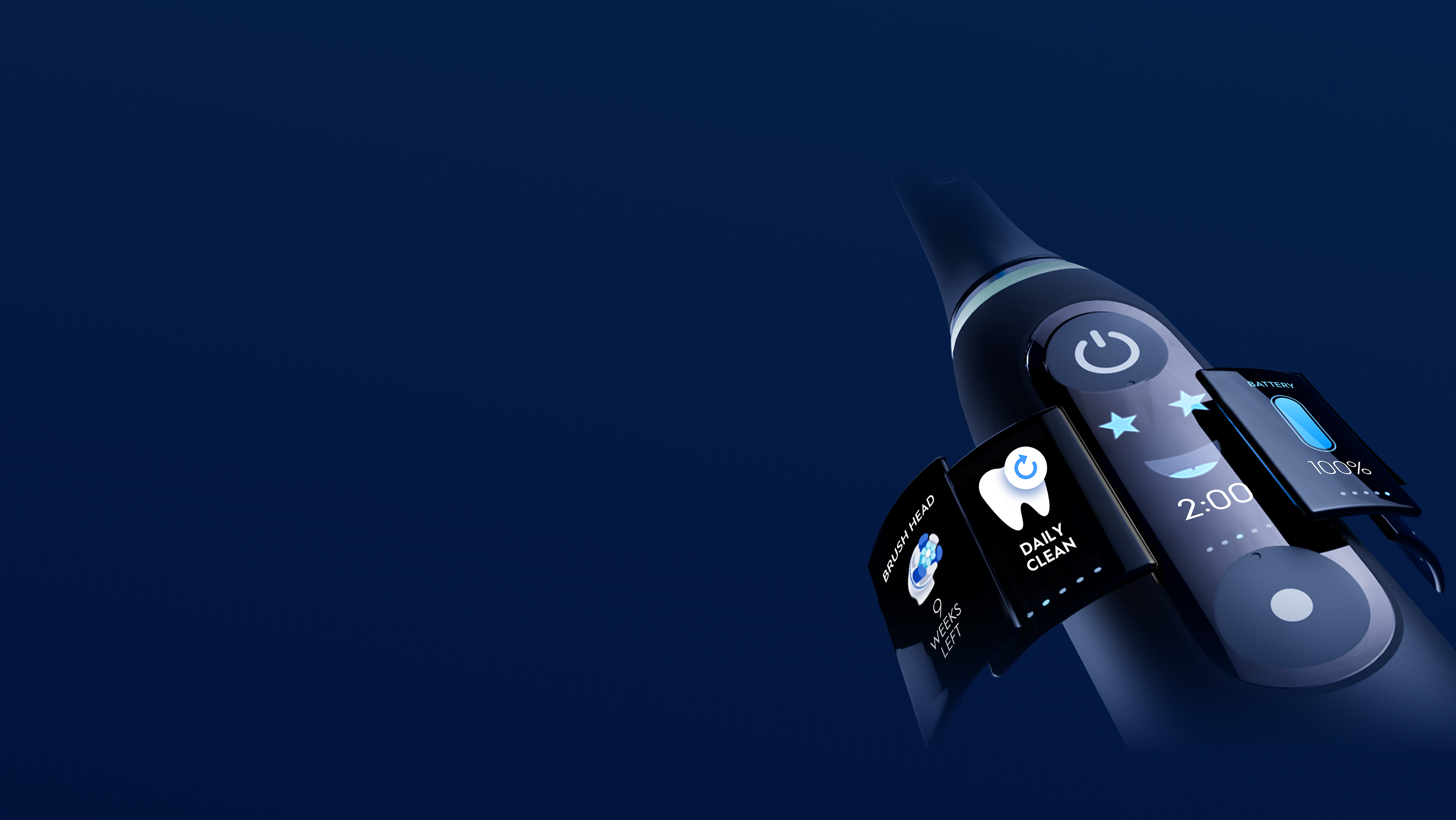 Close-up of iO brush interactive display, showing its features