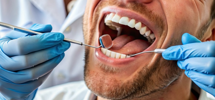 Dentist examining patients mouth and gums