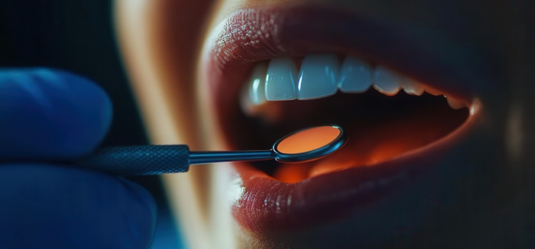 Close-up image of a dentist examining patients tongue