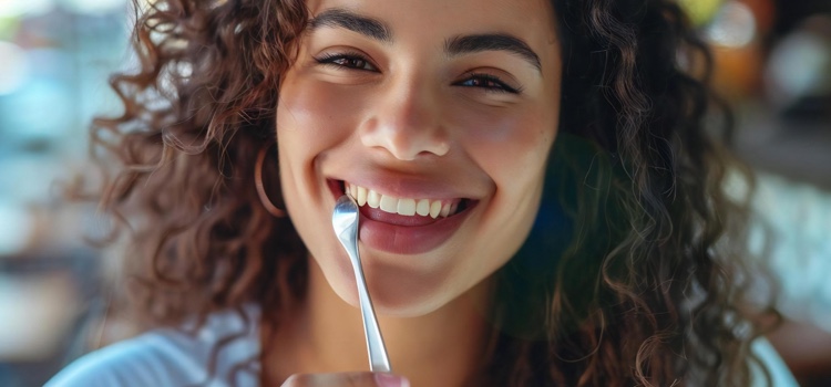 Woman with good oral health smiling using a tongue scraper.