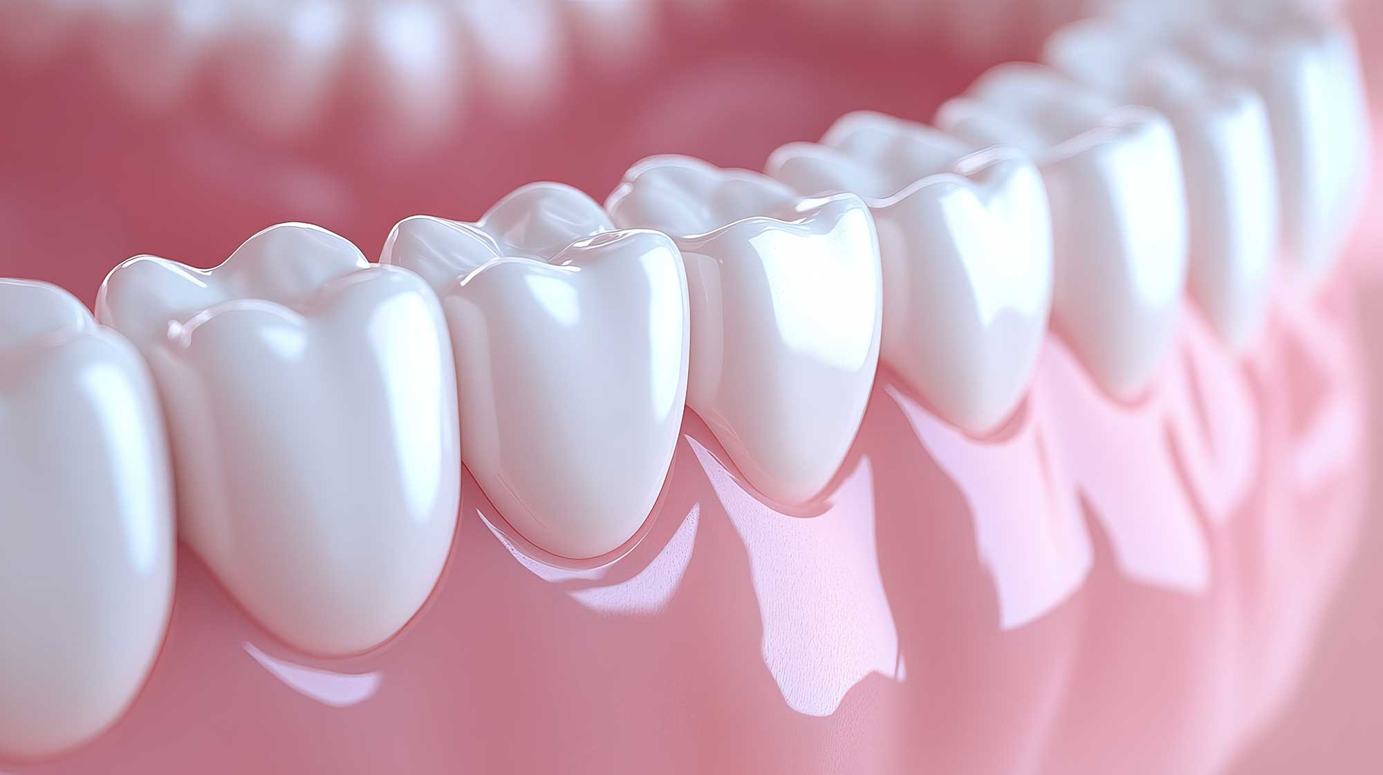 A detailed close-up of immaculate human teeth shining with health against perfectly pink gums
