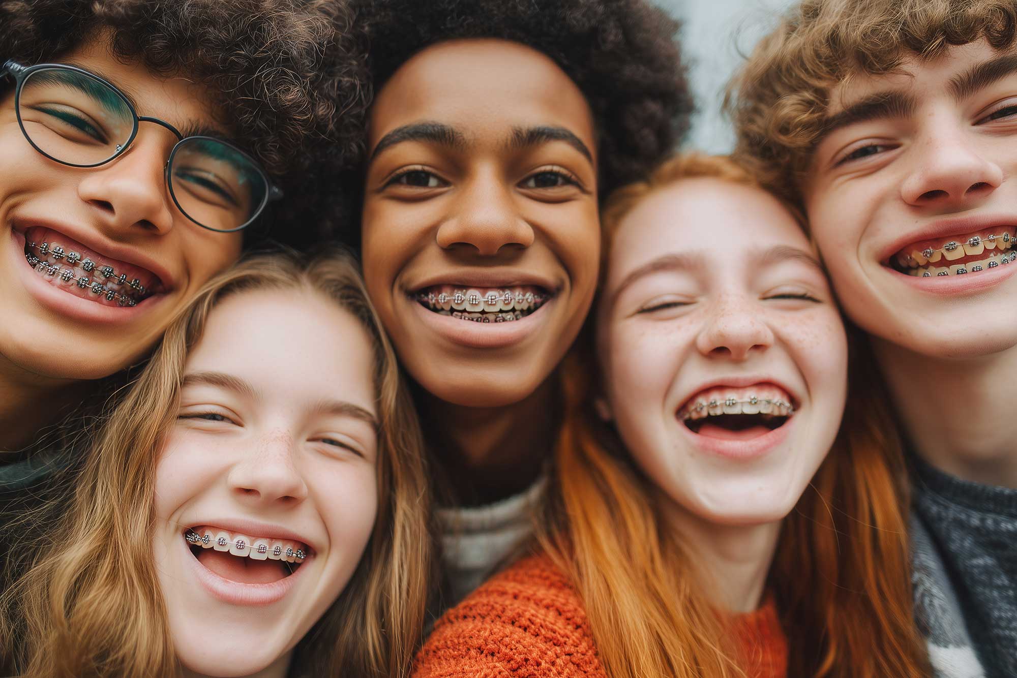 Five smiling teens showing their braces