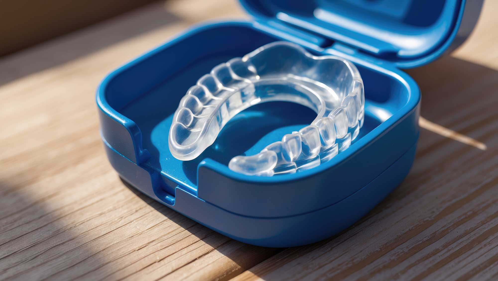 A mouthguard lying inside of a case A mouthguard lying inside of a case