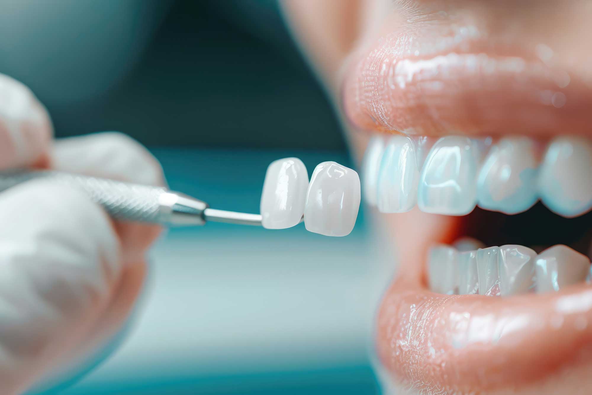 Close-up showing a dental professional about to place a set of crowns to a patient's front teeth