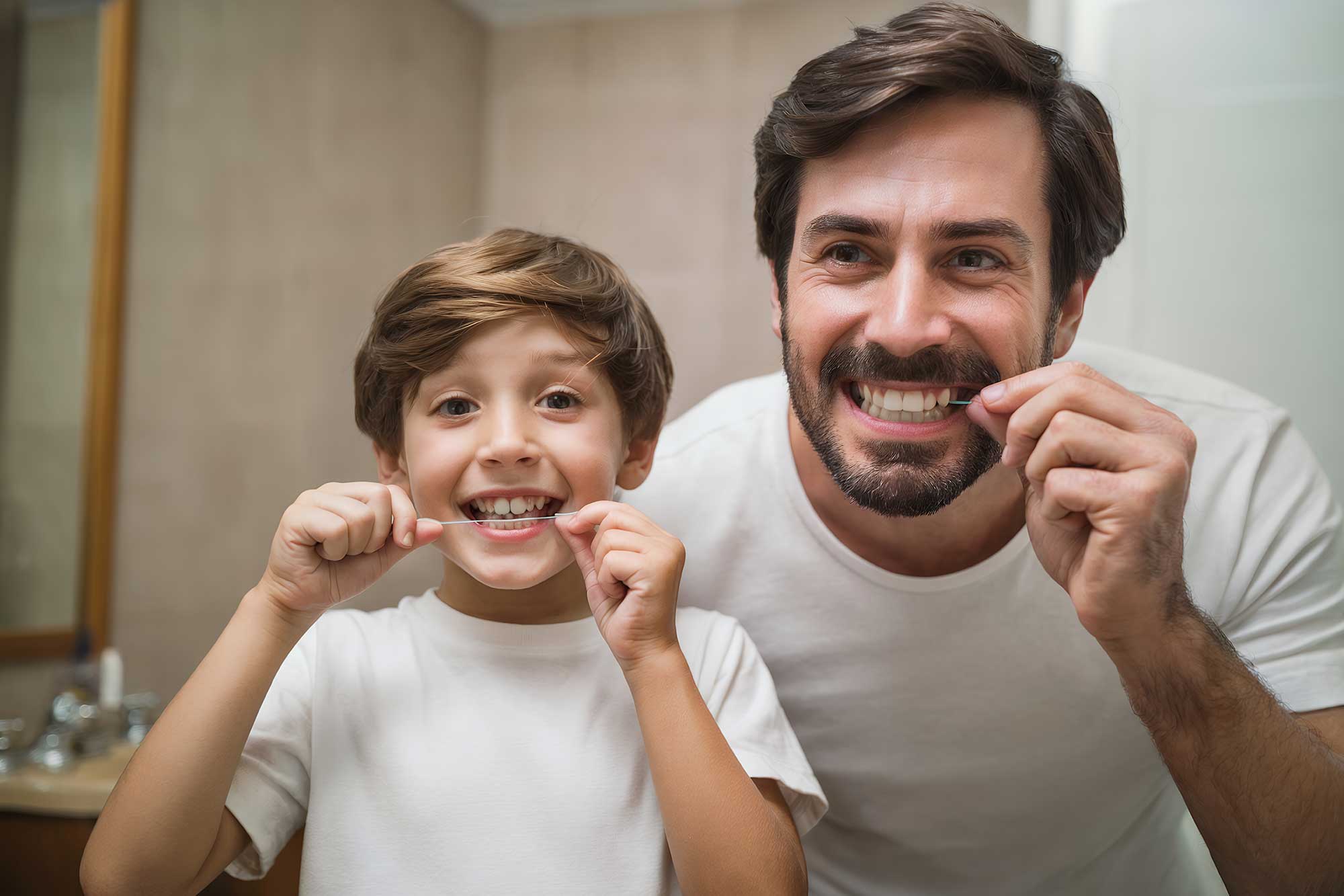 Image of father and son flossing their teeth image