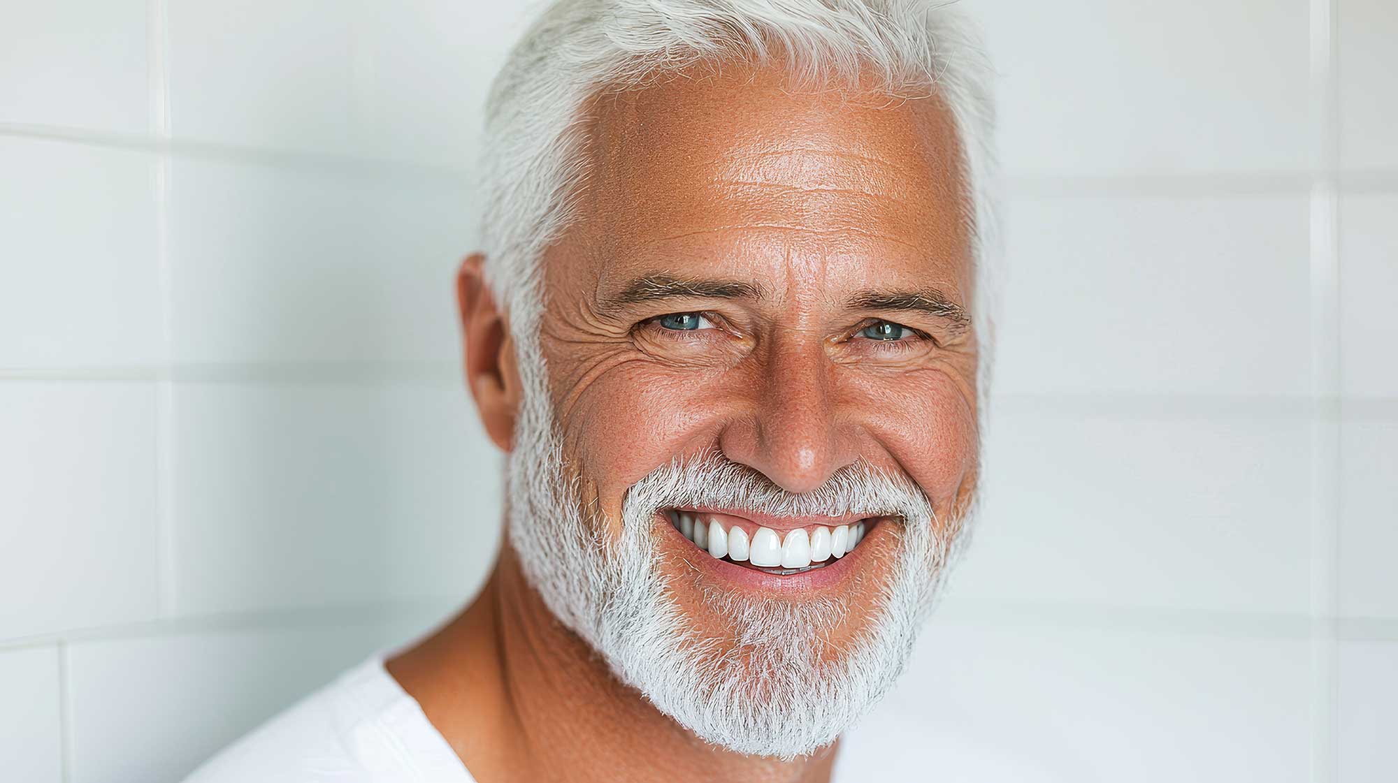 Older man smiling and showing his healthy, white teeth Banner Image Older man smiling and showing his healthy, white teeth