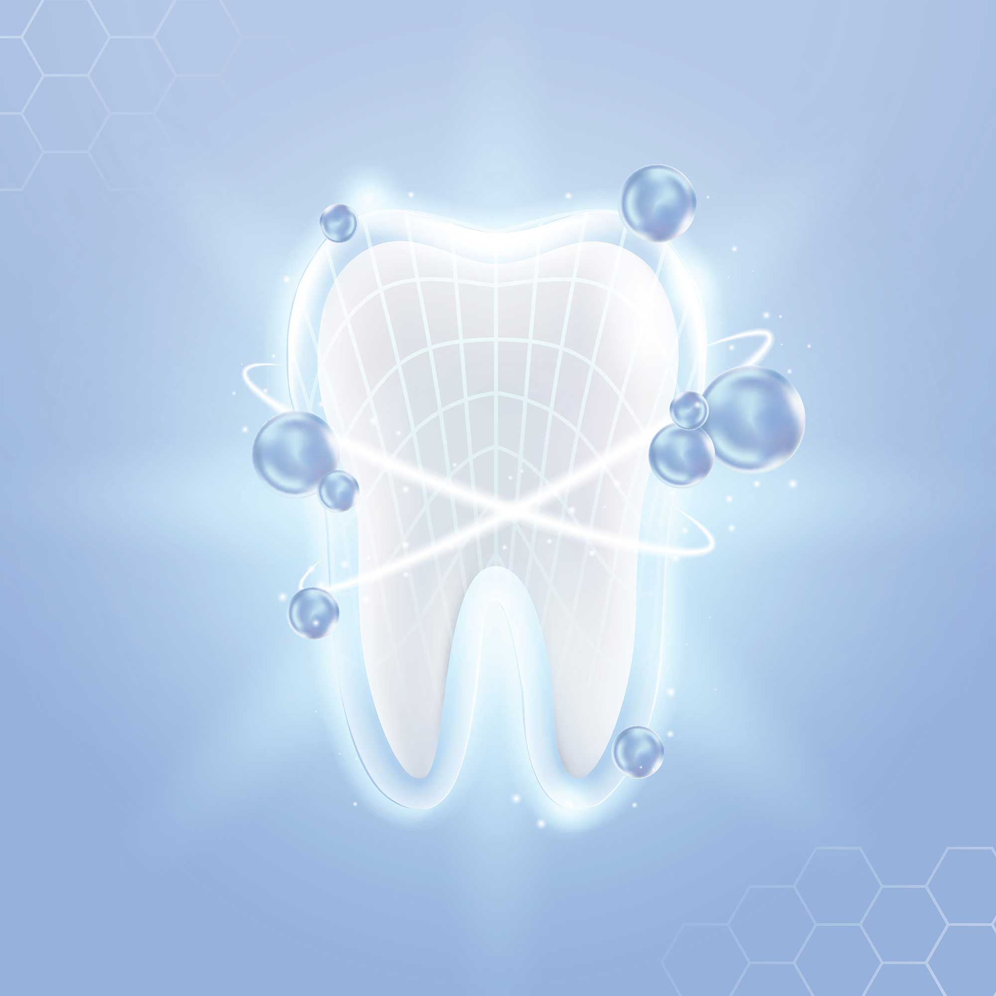Stylized illustration showing bubbles and lights around a molar