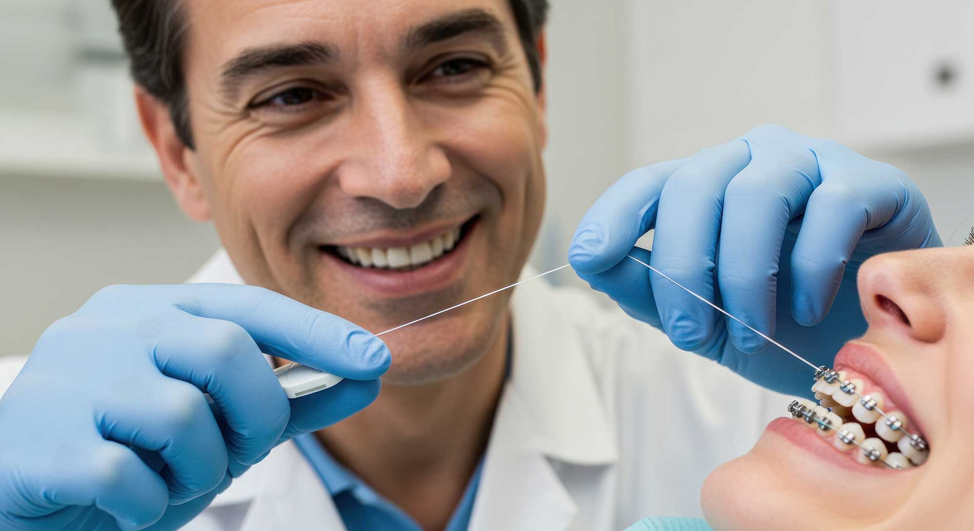 Smiling dental professional flossing a patient’s teeth with braces image