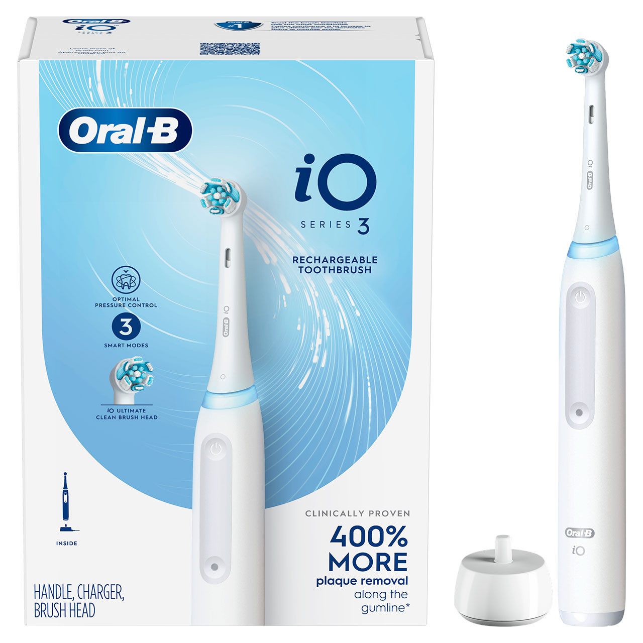 Oral-B iO Series 3 Limited - Cepillo de dientes eléctrico recargable, azul  con 2 cabezales de cepillo y estuche de viaje, sensor de presión visible